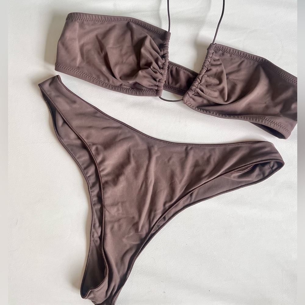 Tropic of C Curve bottom Camilla halterneck bikini top in Driftwood